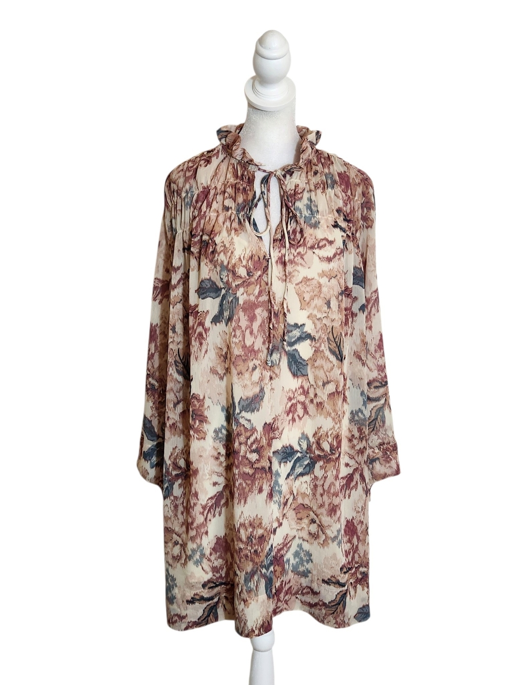 H&M Long Sleeve Pink and Cream Floral Mini Dress Size XS Wedding Guest Dress